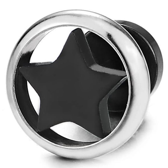 Pair 10MM Stainless Steel Silver Circle Frame Black Star Stud Earrings for Man Women, Screw Back - COOLSTEELANDBEYOND Jewelry