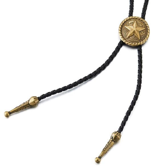 Vintage Star Circle Button Bolo Tie Necktie, Lariat Rodeo Long Y Necklace, Black Braided Leather