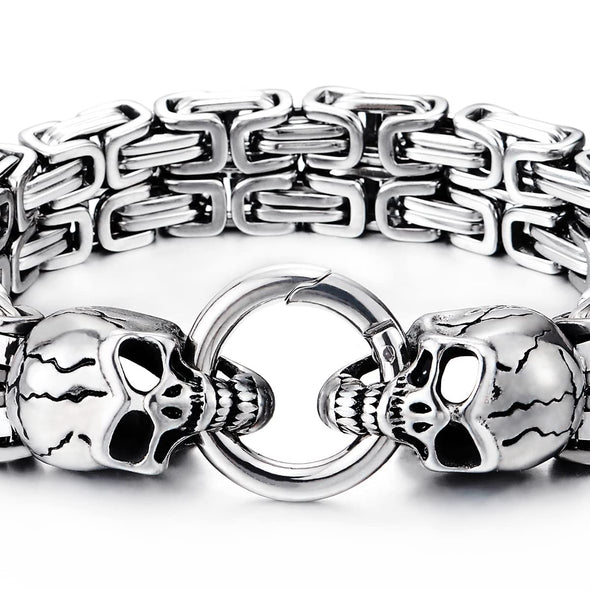 Mens Stainless Steel Two-strand Braided Byzantine Chain Bracelet with Skulls and Spring Ring Clasp - COOLSTEELANDBEYOND Jewelry