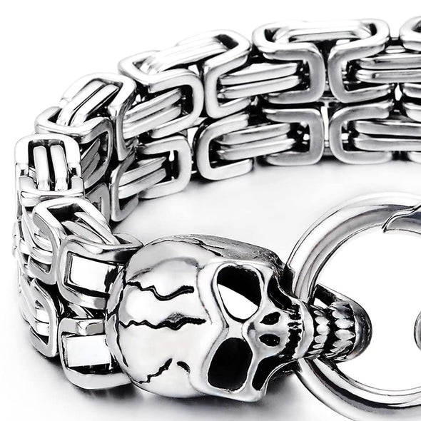 Mens Stainless Steel Two-strand Braided Byzantine Chain Bracelet with Skulls and Spring Ring Clasp - COOLSTEELANDBEYOND Jewelry