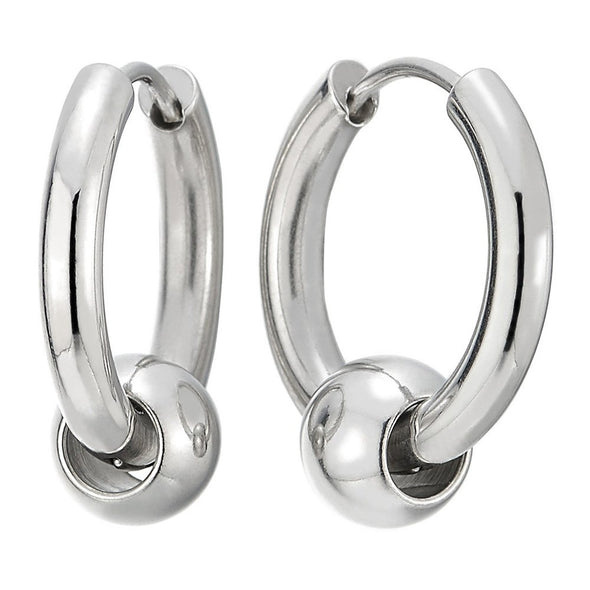 Silver Steel Huggie Hoop Earrings with Center Bead, Unisex Hinged Bands, Timeless Design for Men and Women, Ideal for Any Occasion - COOLSTEELANDBEYOND Jewelry