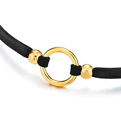 COOLSTEELANDBEYOND Ladies Womens Black Choker Necklace with Open Circle Charm and Beads Pendant