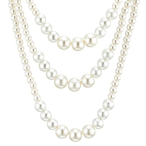 Womens Statement Necklace, Layered Three-strand with White Pearls and Beads Chains, for Dress Wedding Banquet