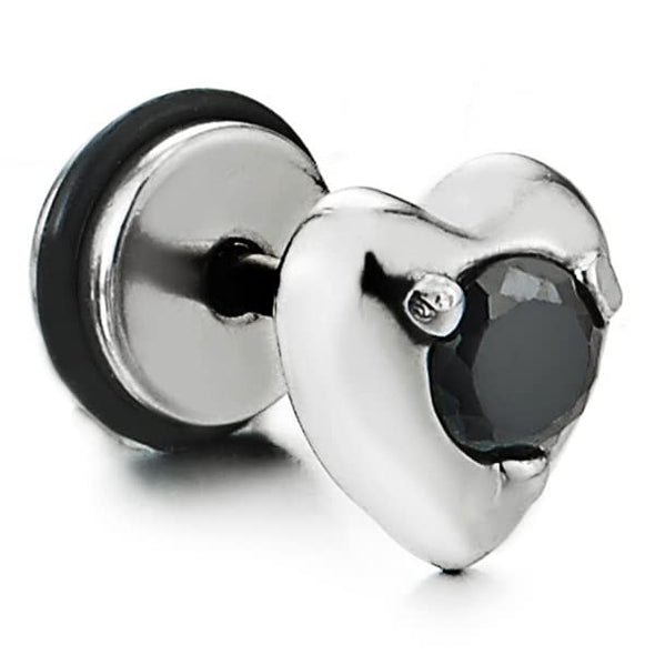 Women Steel Heart Stud Earrings with Black Cubic Zirconia, Screw Back - COOLSTEELANDBEYOND Jewelry