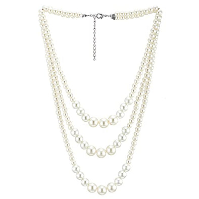 Womens Statement Necklace, Layered Three-strand with White Pearls and Beads Chains, for Dress Wedding Banquet