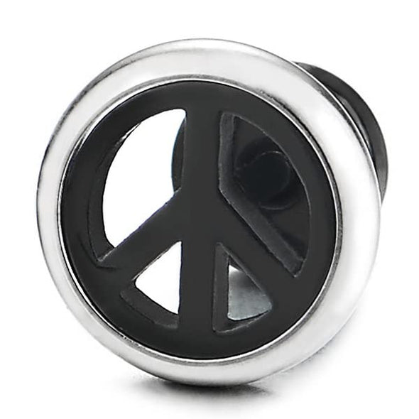 Anti-war Sign Peace Symbol Stud Earrings for Men Women, Steel Silver Black Circle Frame, Screw Back - COOLSTEELANDBEYOND Jewelry