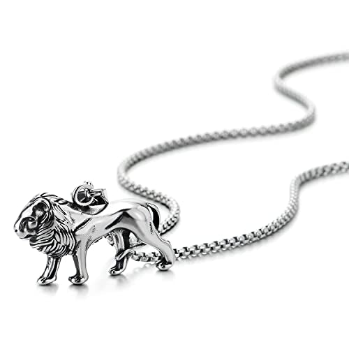 COOLSTEELANDBEYOND Stainless Steel Lion Pendant Necklace for Men Women, 30 inches Wheat Chain