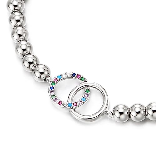 COOLSTEELANDBEYOND Two Interlocking Circles Bracelet for Women, Beads Link Chain with Charm of Colorful Cubic Zirconia - COOLSTEELANDBEYOND Jewelry