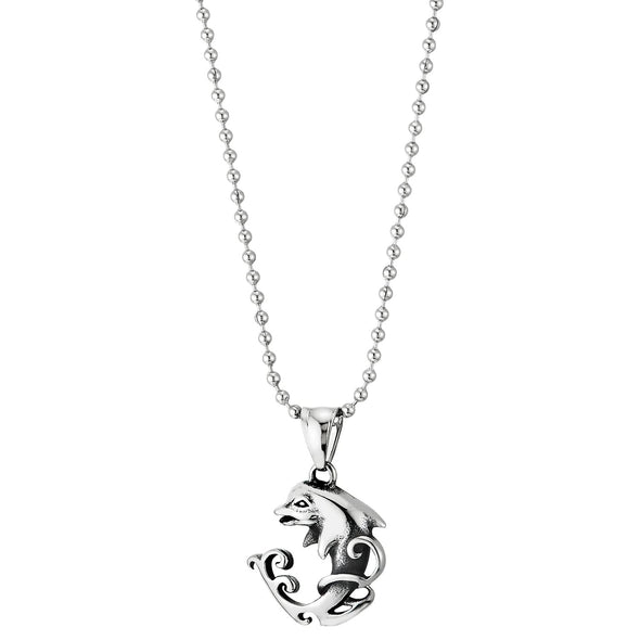 Womens Lovely Dolphin Wave Filigree Pendant Necklace, Stainless Steel with 23.6 inches Ball Chain - COOLSTEELANDBEYOND Jewelry