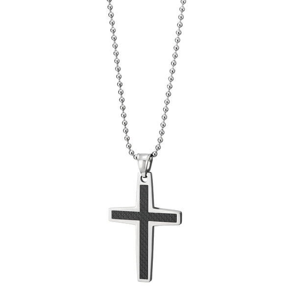 COOLSTEELANDBEYOND Mens Stainless Steel Cross Pendant Necklace with Carbon Fiber Inlay and 30 Inches Ball Chain - COOLSTEELANDBEYOND Jewelry