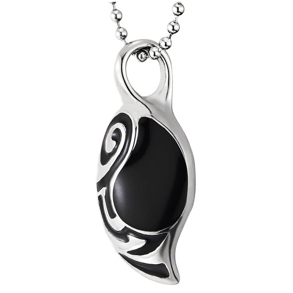 Mens Womens Steel Tribal Totem Curl Wave Swirl Oval Pendant Necklace with Black Enamel, 30 in Chain - COOLSTEELANDBEYOND Jewelry