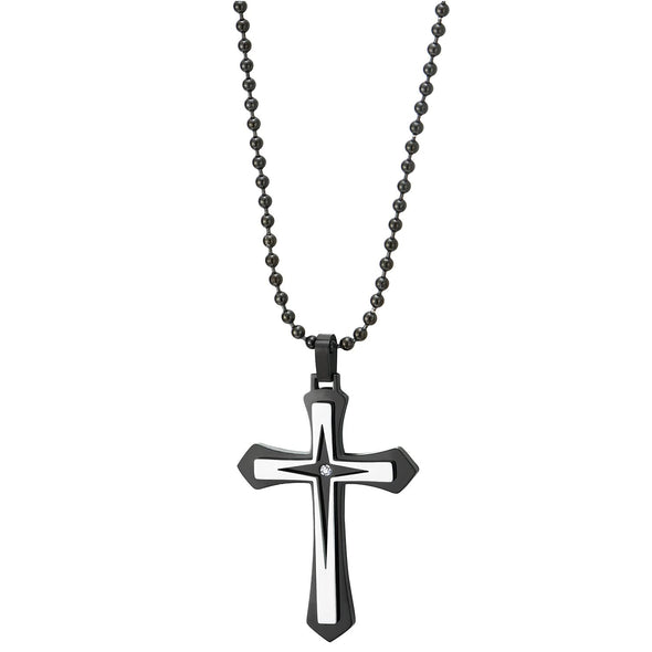 COOLSTEELANDBEYOND Mens Womens Cross Pendant Necklace with Cubic Zirconia, Steel Silver Black, Stylish, 30 inches Chain - COOLSTEELANDBEYOND Jewelry