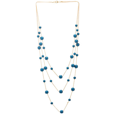 Long Statement Necklace, Blue Faux Pearl Layered Necklace, Rose Gold Three-Strand Chains with Beads, Elegant Dress - COOLSTEELANDBEYOND Jewelry