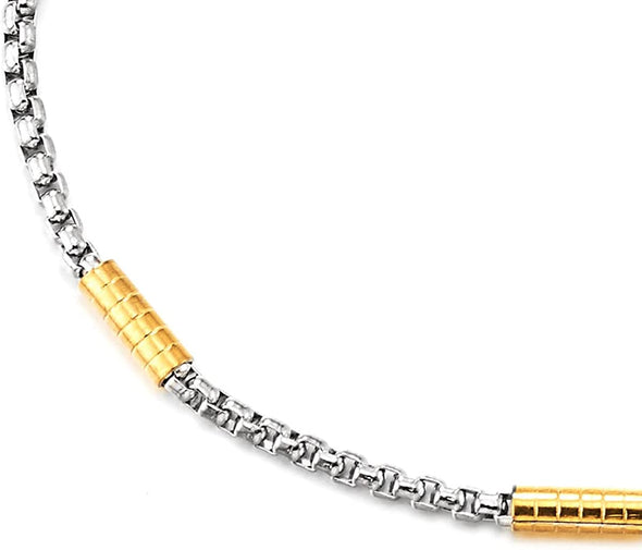 COOLSTEELANDBEYOND Stainless Steel Chain Necklace for Men and Women, Thin Wheat Chain and Grooved Cylinder, Silver Gold Two-tone, 22 inches - COOLSTEELANDBEYOND Jewelry