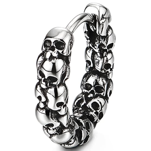 Pair Vintage Stacked Skulls Cluster Huggie Hinged Hoop Earrings Stainless Steel, Men Women, Gothic - COOLSTEELANDBEYOND Jewelry