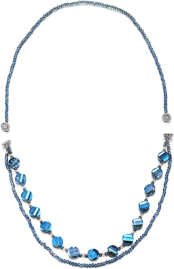 COOLSTEELANDBEYOND Crystal Beads Necklace, Long Blue Crystal Chain with Cubic Zirconia and Magnetic Clasp Detachable into Two Pieces - COOLSTEELANDBEYOND Jewelry