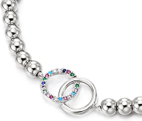 COOLSTEELANDBEYOND Two Interlocking Circles Bracelet for Women, Beads Link Chain with Charm of Colorful Cubic Zirconia - COOLSTEELANDBEYOND Jewelry