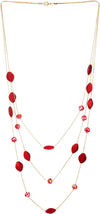 COOLSTEELANDBEYOND Gold Statement Necklace Three-Strand Long Chains with Red Crystal and Matt Red Irregular Oval Beads - COOLSTEELANDBEYOND Jewelry