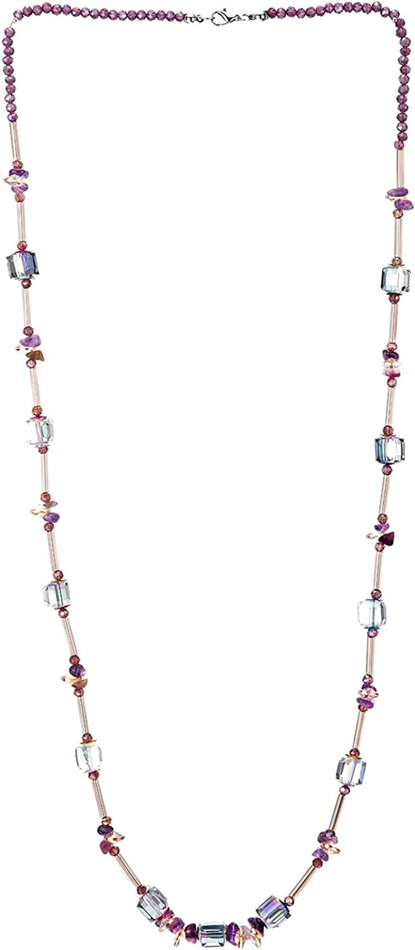 COOLSTEELANDBEYOND Crystal Statement Necklace, Elegant Purple Rainbow Beads Long Chain with Sticks Discs and Crystal Cube Beads - COOLSTEELANDBEYOND Jewelry