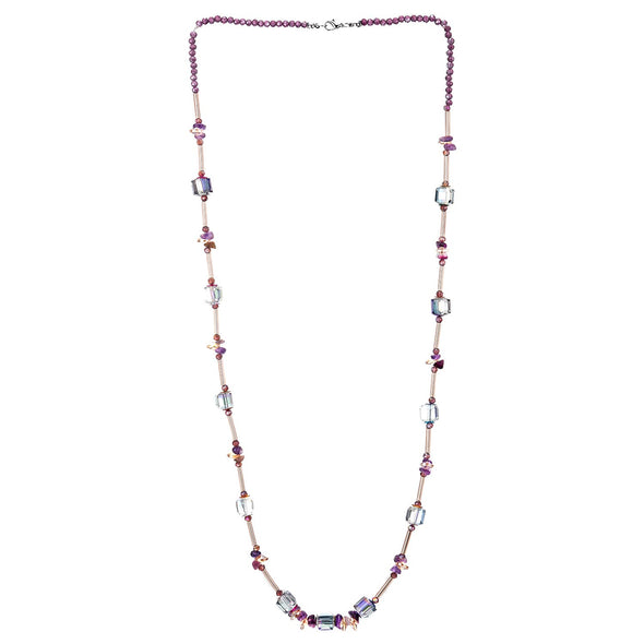 COOLSTEELANDBEYOND Crystal Statement Necklace, Elegant Purple Rainbow Beads Long Chain with Sticks Discs and Crystal Cube Beads - COOLSTEELANDBEYOND Jewelry