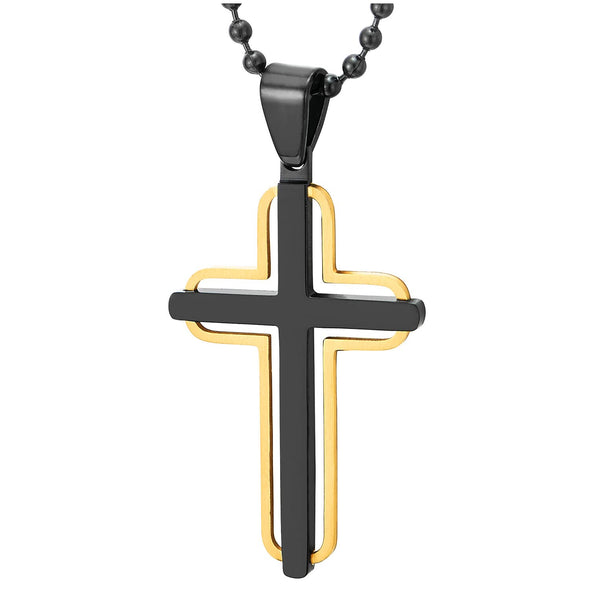 COOLSTEELANDBEYOND Steel Cross Pendant Necklace for Men Women, Minimalist Two-Layers Gold and Black Color Cross - COOLSTEELANDBEYOND Jewelry
