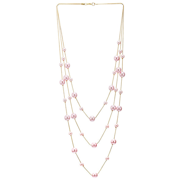 Long Statement Necklace, Pink Faux Pearl Layered Necklace, Rose Gold Three-Strand Chains with Beads, Elegant Dress - COOLSTEELANDBEYOND Jewelry