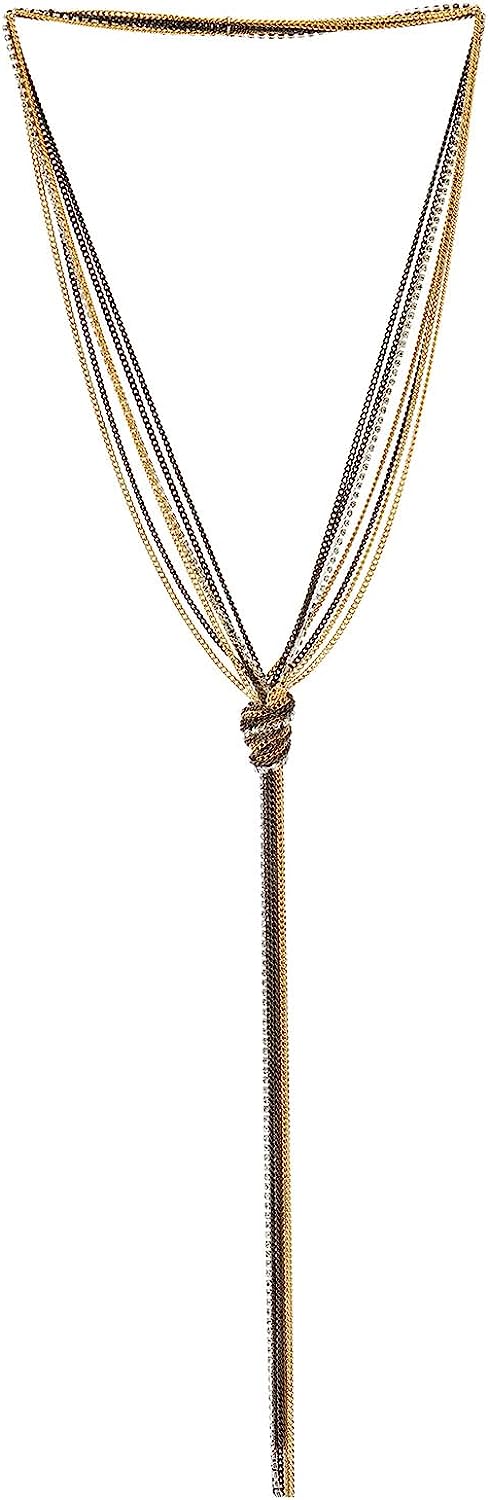 COOLSTEELANDBEYOND Lariat Necklace, Multi-strand Y-chain Tassel Pendant Long Chains with Rhinestones, Gold and Grey - COOLSTEELANDBEYOND Jewelry