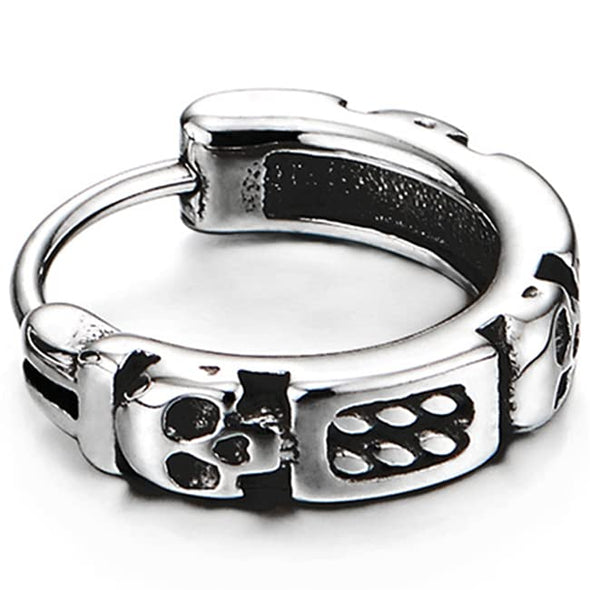 Mens Women Stainless Steel Skulls and Embedded Chain Circle Huggie Hinged Hoop Earrings, 2 pcs - COOLSTEELANDBEYOND Jewelry