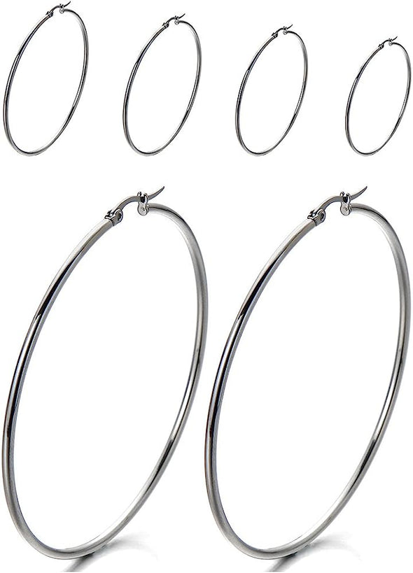 Pair Stainless Steel Large Plain Circle Huggie Hinged Hoop Earrings for Women - COOLSTEELANDBEYOND Jewelry