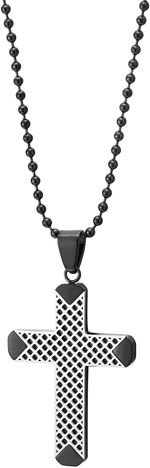 COOLSTEELANDBEYOND Mens Cross Pendant Necklace, Checkered Design, Silver Black Stainless Steel, 30 inches Ball Chain - COOLSTEELANDBEYOND Jewelry