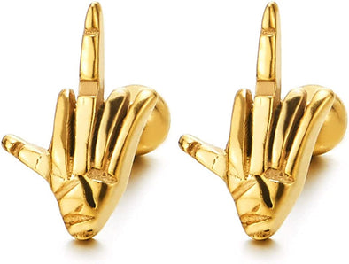 Mens Womens Hand Finger Gesture Stud Earrings, Gold Color Stainless Steel, Screw Back, 2PCS - COOLSTEELANDBEYOND Jewelry