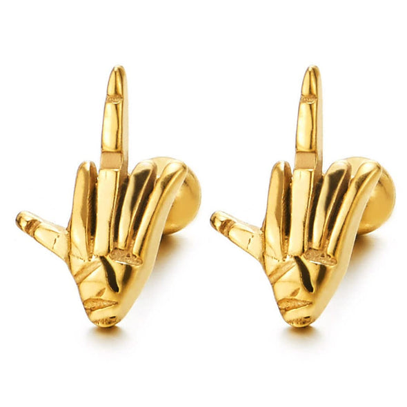 Mens Womens Hand Finger Gesture Stud Earrings, Gold Color Stainless Steel, Screw Back, 2PCS - COOLSTEELANDBEYOND Jewelry