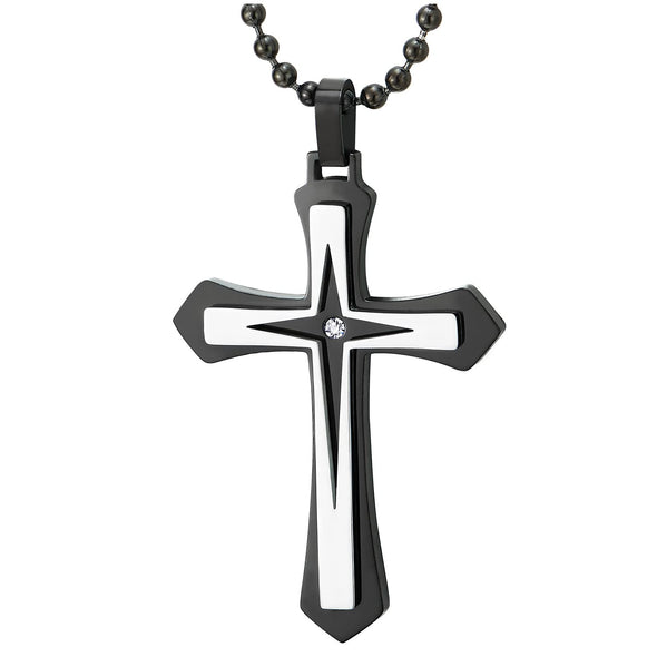 COOLSTEELANDBEYOND Mens Womens Cross Pendant Necklace with Cubic Zirconia, Steel Silver Black, Stylish, 30 inches Chain - COOLSTEELANDBEYOND Jewelry