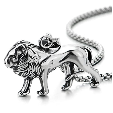 COOLSTEELANDBEYOND Stainless Steel Lion Pendant Necklace for Men Women, 30 inches Wheat Chain