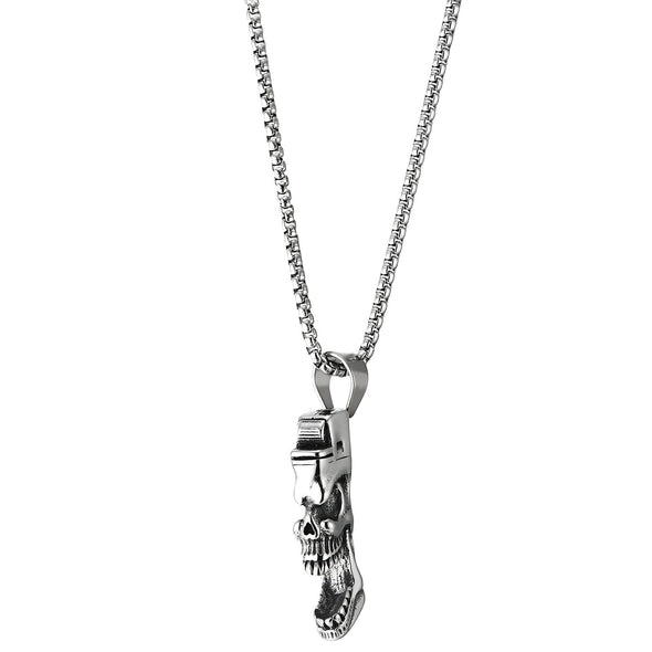 Stainless Steel Men Gothic Big Open Mouth Skull in a Lighter Pendant Necklace, 30 Inches Wheat Chain - COOLSTEELANDBEYOND Jewelry