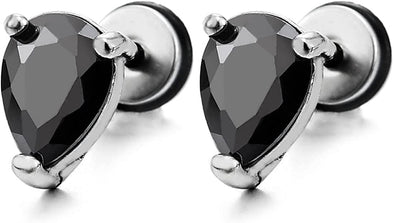 1 Pair Mens Women Pear Shape Black Cubic Zirconia Stud Earrings Stainless Steel Screw Back Post - COOLSTEELANDBEYOND Jewelry