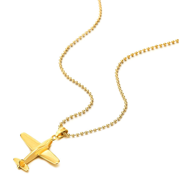 COOLSTEELANDBEYOND Airplane Pendant Necklace Gold Color Stainless Steel Necklace for Men Women, 23.6 inches Ball Chain - COOLSTEELANDBEYOND Jewelry