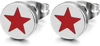 Pair 8MM Stainless Steel Circle Stud Earrings with Star Pentagram in Red Enamel for Man and Women - COOLSTEELANDBEYOND Jewelry