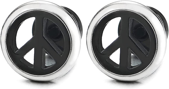 Anti-war Sign Peace Symbol Stud Earrings for Men Women, Steel Silver Black Circle Frame, Screw Back - COOLSTEELANDBEYOND Jewelry