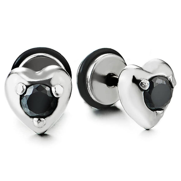 Women Steel Heart Stud Earrings with Black Cubic Zirconia, Screw Back - COOLSTEELANDBEYOND Jewelry