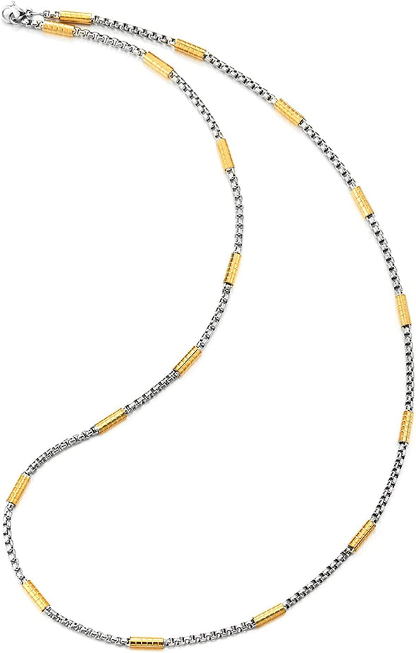 COOLSTEELANDBEYOND Stainless Steel Chain Necklace for Men and Women, Thin Wheat Chain and Grooved Cylinder, Silver Gold Two-tone, 22 inches - COOLSTEELANDBEYOND Jewelry