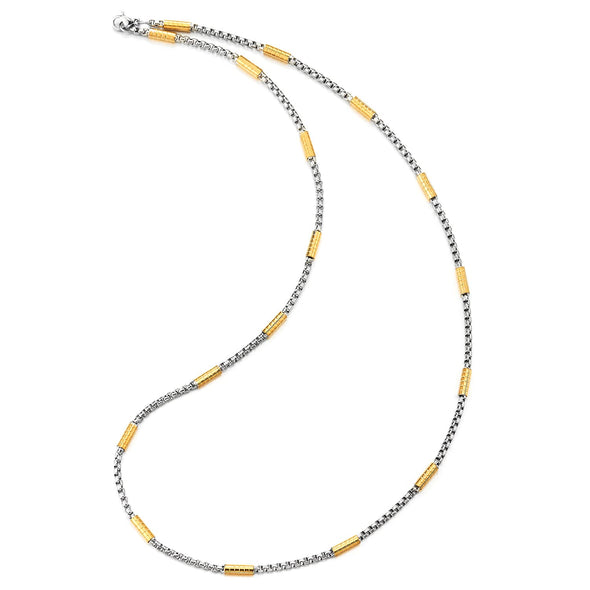 COOLSTEELANDBEYOND Stainless Steel Chain Necklace for Men and Women, Thin Wheat Chain and Grooved Cylinder, Silver Gold Two-tone, 22 inches - COOLSTEELANDBEYOND Jewelry