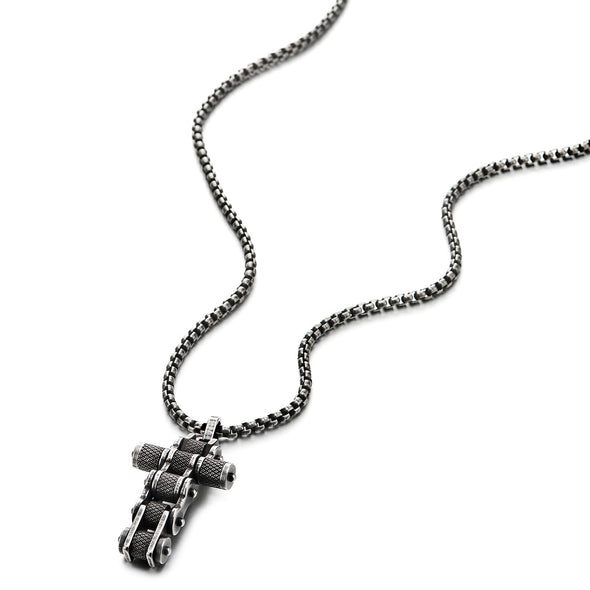 COOLSTEELANDBEYOND Men Bike Chain Cross Pendant Necklace, Stainless Steel Vintage Oxidized Blackened Textured, Biker Punk - COOLSTEELANDBEYOND Jewelry