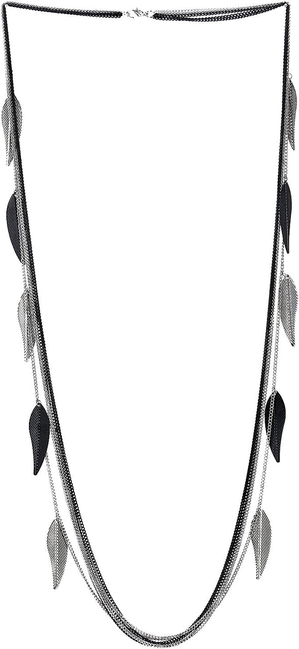 COOLSTEELANDBEYOND Statement Necklace, Black Silver Multi-Strand Long Chain with Leaf Charms Pendant, Party Event Dress - COOLSTEELANDBEYOND Jewelry