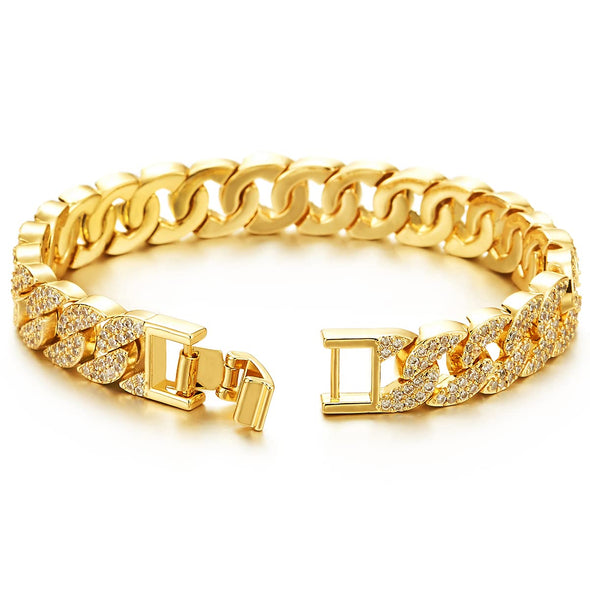 Stylish, Mens Womens, Curb Chain Bracelet, Gold Color, with Cubic Zirconia