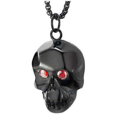 COOLSTEELANDBEYOND Black Skull Pendant Necklace with Red Cubic Zirconia, for Men Women, Stainless Steel, 30 inch Chain - COOLSTEELANDBEYOND Jewelry