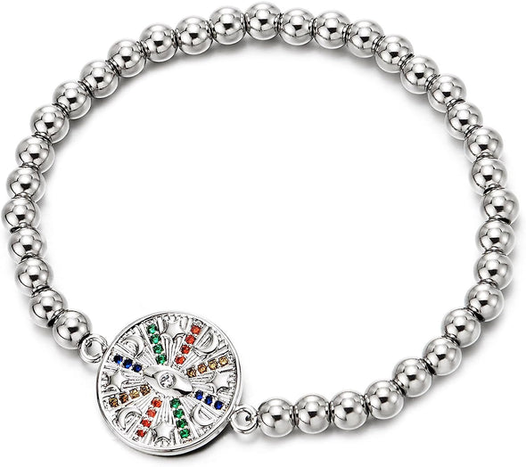 COOLSTEELANDBEYOND Circle of Moon and Stars Bracelet for Women, Beads Link Chain with Colorful Cubic Zirconia - COOLSTEELANDBEYOND Jewelry