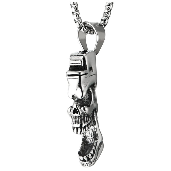 Stainless Steel Men Gothic Big Open Mouth Skull in a Lighter Pendant Necklace, 30 Inches Wheat Chain - COOLSTEELANDBEYOND Jewelry