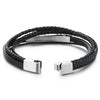Mens Women Multi-strand Black Braided Leather Bangle Bracelet Steel Inlaid with Curb Chain - COOLSTEELANDBEYOND Jewelry
