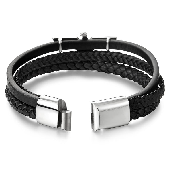 Stainless Steel Ancient Eagle Bangle Bracelet Three-strand Black Braided Leather Wristband for Men - COOLSTEELANDBEYOND Jewelry